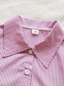 SHEIN Vintaside Kids 少女春季粉白条纹学院风翻领衬衫，适合日常外出、校园穿着、朋友聚会、派对、情人节等场合。 - 彩色 - 查看 7