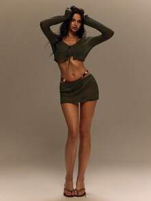 TypaGal Women's Summer Bikini Cover-Up Beach Night Out Vacation Club Knitted Long-Sleeved Cardigan Tie-Up Y2k Sexy Casual Olive Green - Green - View 5