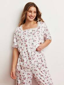 Elorette Plus Size Printed Lace Splice Crew Neck Short Sleeve Top And Pants Loungewear Set, Bountiful Floral Splendor Cozy And Elegant Details - White - View 1