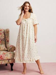 Elorette Camisón, vestido para dormir, vestido largo, muu muu de talla grande para mujer con estampado de rosas, volantes de gasa, cuello cuadrado, detalles cómodos y elegantes con esplendor floral abundante - Albaricoque - Ver 4