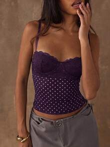 SHEIN BAE 女士波点印花蕾丝拼接修身吊带背心 - 紫紅色 - 查看 3