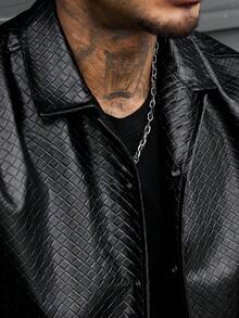 SLATEMANN Men's Loose Fit PU Leather Front Zip Short Sleeve Shirt, Streetwear Inspired - Black - View 4