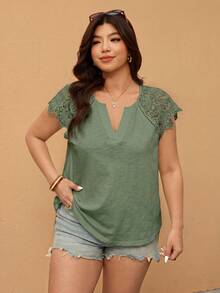 Elaquor Plus Size Women's Solid Color V-Neck Casual Versatile Daily Wear T-Shirt - Mint Green - View 3
