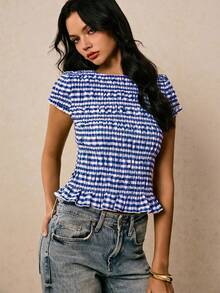 Poéselle Women's Striped Ruffle Hem Casual Blouse,Summer Top - Blue and White - View 5