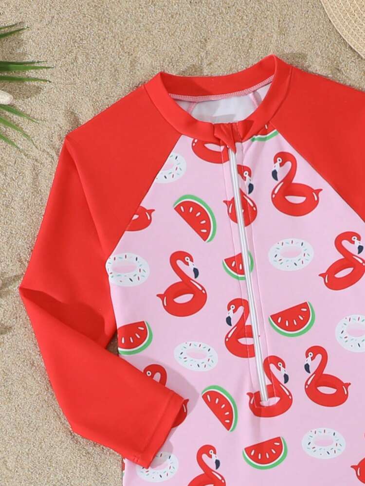 Sparklyn Young Girl Cute Flamingo Print One-Piece Knit Swimsuit - Hot Pink - View 3