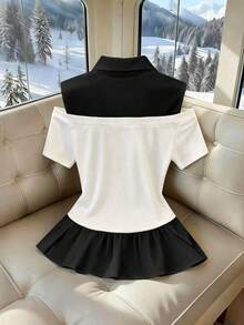 SHEIN Franclia Women's Summer Commuter Golf Contrast Color Off-Shoulder Asymmetric Hem T-Shirt White Basic - White - View 2