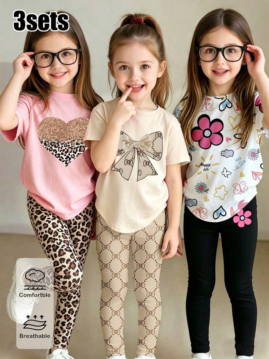 Elladie kids Bộ 6 món cho bé gái, kiểu dáng thường ngày, thời trang, sáng tạo, tươi mới, dễ thương với họa tiết kẻ caro, nơ, da báo, hoa, lấp lánh, trái tim, hoa, sao, bướm, mặt trời, gồm áo thun ngắn và quần legging, thoải mái khi mặc hàng ngày, phong cách mùa hè và mùa thu ấm áp, phù hợp cho mùa xuân, hè và thu. - Nhiều màu - Xem 1