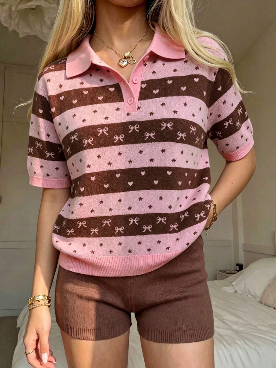 CovetEZ 女士休闲蝴蝶结爱心星条纹 Polo 领短袖针织上衣，适合春假、休闲外出、约会、聚会，适合春季、夏季、秋季、冬季、圣诞节、新年、感恩节、派对、婚礼、海滩、毕业典礼等场合，时尚、优雅、休闲，适合外出、约会、预约、通勤、闪亮、情人节、优雅、度假、休闲、Y2K、外出、毕业典礼等场合。 - 彩色 - 查看 1