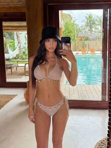 Swim Vcay Spring/Summer Knit Jacquard Triangle Wireless Bralette Top With Shell Decor & Side Tie Swim Bottoms Women Beach Vacation Bikini Set Set - Apricot - View 5
