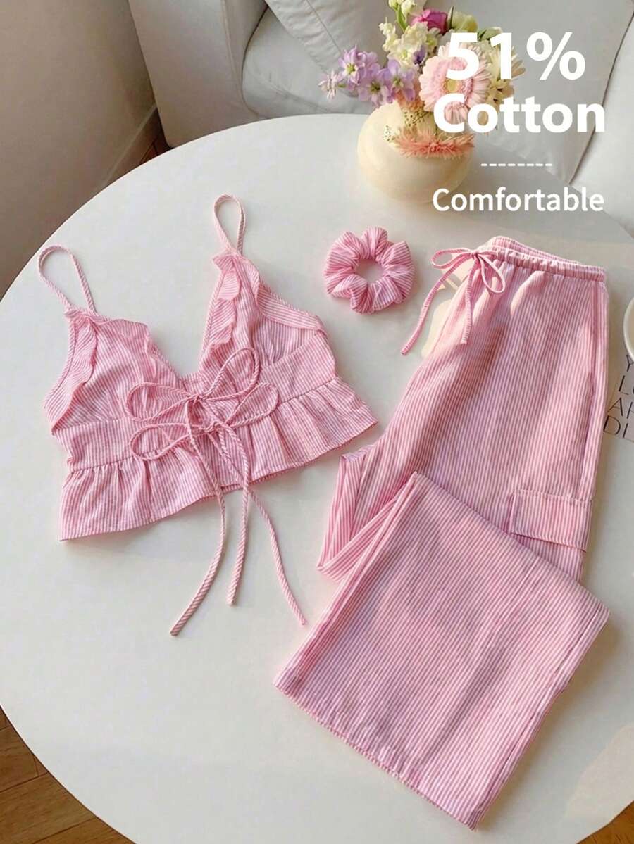 Elamini Blusa sexy de mujer con cuello en V con volantes, sin mangas, con diseño de lazo en la parte delantera, a rayas en color rosa, adecuada para uso casual, vacaciones, fiestas y atuendos de verano - Rosa - Ver 1