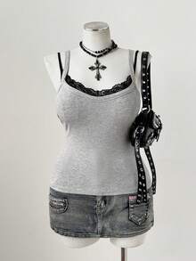 Sunspun Atasan Camisole Bergaris Abu-abu Seksi Gaya Retro Amerika dengan Hiasan Renda, Tank Top Pendek Tanpa Lengan Pas Badan yang Ramping untuk Lapisan atau Pakaian Luar - Grey - View 5