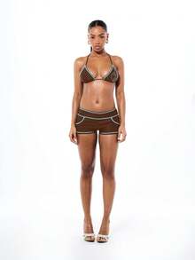 BABYPHAT Celana Pendek Bikini dengan Detail Trim Turquoise Kontras, Gaya Brasil, Cocok untuk Liburan Musim Panas di Pantai, Resor, dan Kolam Renang. - Chocolate Brown - View 3