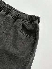 SHEIN 男童纯色圆领短袖上衣和牛仔短裤休闲套装 - 黑色 - 查看 6