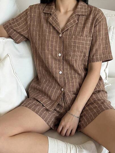 DAZY 女士格子单排扣短袖上衣和短裤休闲家居服套装