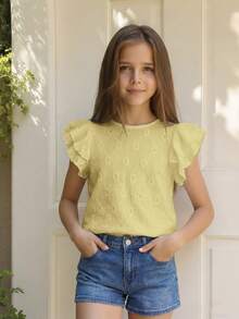SHEIN Tween Girls Pale Yellow Textured Woven Round Neck Ruched Ruffle Trim Flutter Sleeve Fitted Cute Top,French Elegant Summer Vacation,Tea Party For Kids - Yellow - View 9