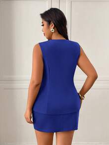 Femmeverse Plus Size Sexy Gold Button Sleeveless Tank Top And Mini Skirt Set, Summer - Blue - View 2