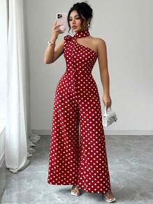 GlowEve CURVE Plus Size Women's Elegant Black & White Polka Dot Asymmetrical Shoulder Jumpsuit, Suitable For Commuting, Spring/Summer - Red - View 3