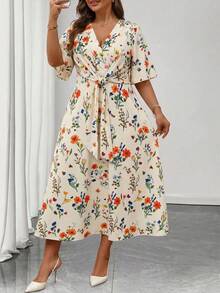 Auvina Vestido maxi de línea A con cuello en V, volantes y mangas cortas, con cintura anudada, para uso diario, talla grande - Multicolor - Ver 7