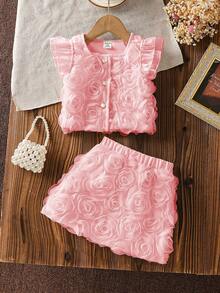 SHEIN 2pcs Baby Girl Elegant Dusty Pink Summer Clothing Set Chic 3D Rose Floral Mesh Tulle Flutter Sleeve Tops & Skirts Formal Concert Birthday Party Dress - Pink - View 3