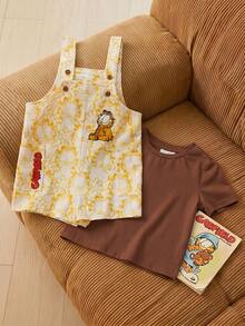 GARFIELD | SHEIN Baby Boy Cartoon Print Romper With Solid Color T-Shirt - Beige - View 2