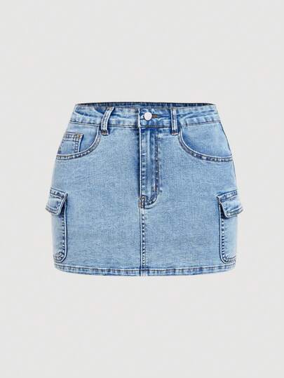 SHEIN Tall CURVE Plus Size Women's Fashion Utility Pocket Zipper Button Denim Mini Skirt