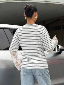 Muchica Women's Striped Knit Round Neck 2 In 1 T-Shirt - Black and White - View 2