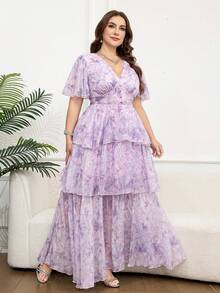 Reflora Plus Size Women Elegant Floral Print Dress - Mauve Purple - View 6