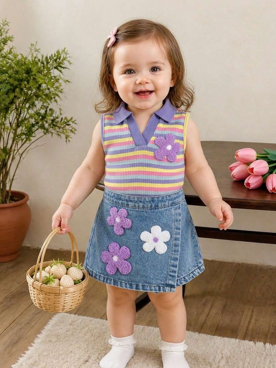 SHEIN Vintaside Kids 女嬰可愛夏季紫色多彩條紋無袖 Polo 衫,配 3D 花卉裝飾與牛仔裙褲,寬鬆版型,適合家庭穿搭休閒旅行 - 紫色 - 查看 1