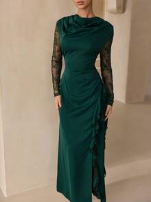 Graceveil Vestido elegante para mujer con cuello drapeado, cintura fruncida y encaje de contraste en color verde oliva - Verde Oscuro - Ver 1