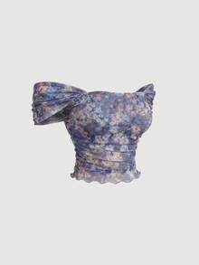 SHEIN MOD 复古绿色油画植物印花网纱两件套，露肩、美人鱼式、不对称下摆设计——完美适用于度假、约会、野餐、派对、舞会和节日庆典 - 淺灰紫 - 查看 6