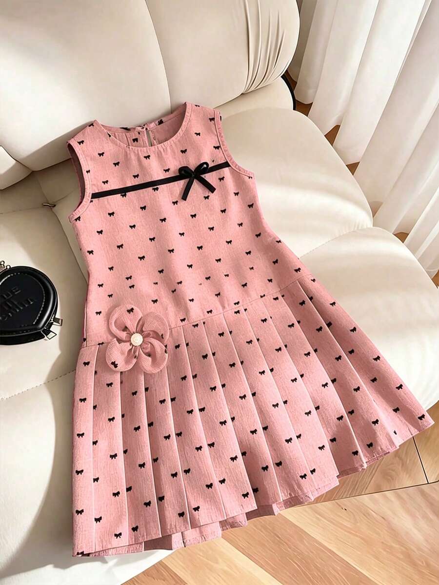 SHEIN Elladie kids 女童连衣裙,蝴蝶结印花,植绒面料,3D蝴蝶结和花朵装饰,百褶裙摆,可爱童装,适合日常穿着、生日、派对和其他场合。 - 粉色 - 查看 1