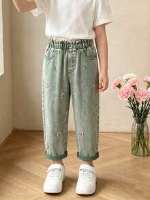 SHEIN 小女孩可爱甜美的彩虹爱心印花度假风牛仔裤 - 軍綠色 - 查看 7
