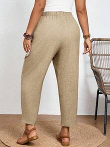 SHEIN Frenchy Pantalones casuales de unicolor de talla grande con cintura elástica y bolsillos en diagonal - Camel - Ver 6