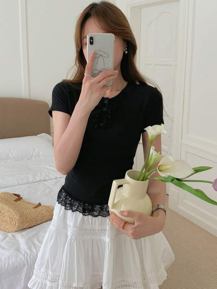 Women's Solid Color Contrast Lace Ruffle Hem Short Sleeve T-Shirt