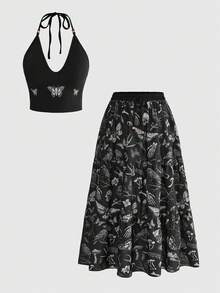 ROMWE Fairycore Outdoor Vacay Summer Outfits Plus Size Women 2 Pieces Set With Dark Gothic Raven, Dead Tree, Skull, Butterfly, Moth, Mushroom All-Over Print - Black - View 2