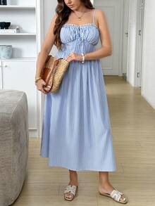 SHEIN LUNE Plus Size Women Blue And White Stripe Shirred Holiday Tie-Up Boho Camisole Dress Summer Vacation Beach Vacation Vacation Beach Vacation - Blue and White - View 4