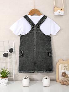 Mirajuku 2026 Nouveaux pantalons à bretelles en jean et salopettes pour jeunes garçons, style mode décontracté d'été, noir et gris délavé, design de poches à patch, coupe droite ample, tissu en jean léger et doux, confortable et agréable pour la peau, indispensable pour les garçons élégants, style décontracté minimaliste adapté à l'été, convient pour le port quotidien, la séance photo, la sortie, la fête, le festival de musique, les vacances et plus d'occasions - Gris - Voir 2