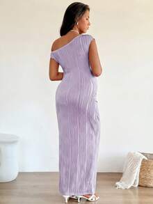 SHEIN Maternity Solid Color Textured Fitted Elegant Dress - Mauve Purple - View 5