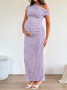 SHEIN Maternity Solid Color Textured Fitted Elegant Dress - Mauve Purple - View 8