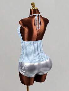 Mistrie Weißes kariertes Rüschen-Top für Damen, süßes Y2K-Sommer-Urlaubs-Shirt, sexy ärmellos mit asymmetrischem Saum, für Strand und Golf - Blau - Übersicht 2