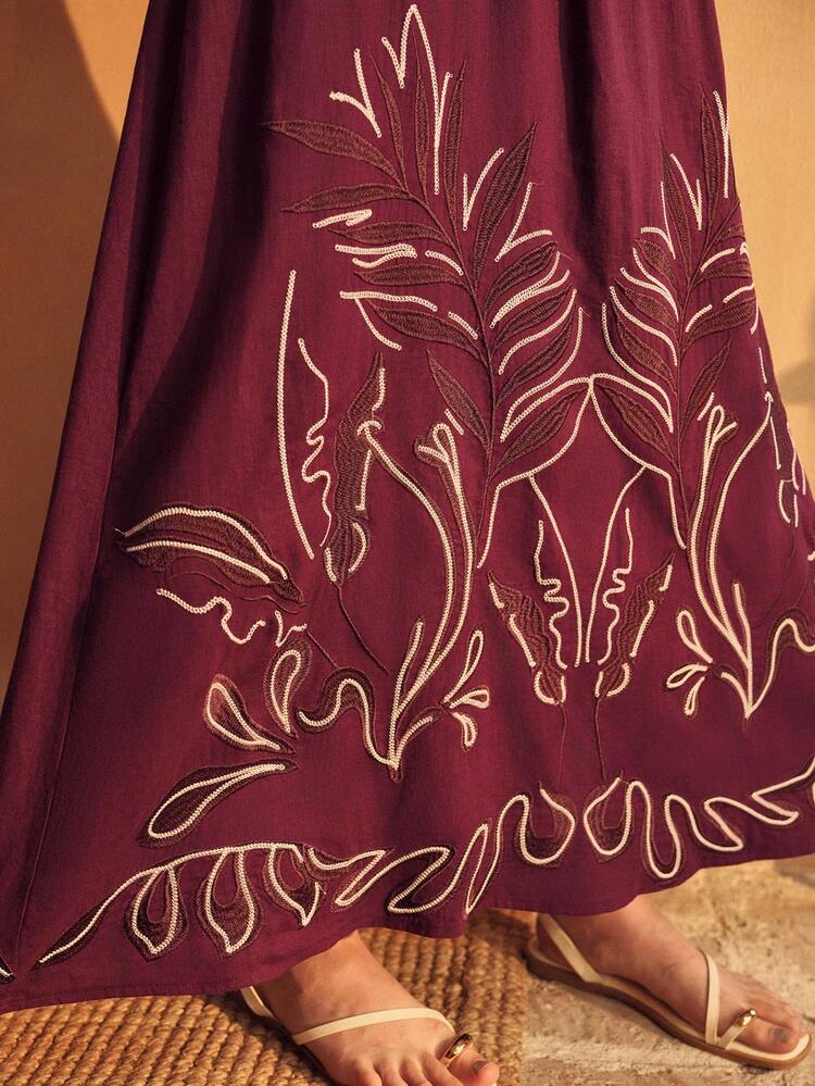 WOMEN'S LINEN RAYON EMBROIDERED SLIP DRESS WITHOUT BELT, SUITABLE FOR SPRING/SUMMER VACATION
