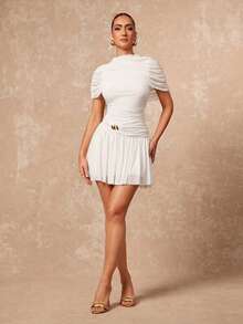 Lumalex Vestido corto elegante y sexy de mujer con cuello, sin mangas, fruncido y acampanado, en color albaricoque, para primavera/otoño - Blanco - Ver 3