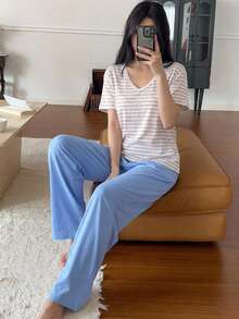 DAZY 女士条纹短袖T恤和裤子睡衣套装 - 粉色 - 查看 5