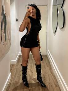StreetHx Women's Metal Decor Backless Mini Dress,Afro Fashion Outfits, Black Dress - Black - View 3
