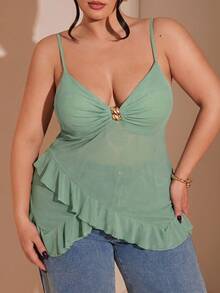 SHEIN BAE Áo camisole ren xếp nếp phối nhiều mảnh dành cho nữ cỡ lớn - Màu xanh Bạc hà - Xem 6