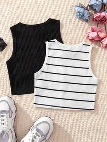Áo croptop dệt kim không tay kiểu dáng thể thao và dễ thương dành cho bé gái, nhiều chiếc - Đen và trắng - Xem 2