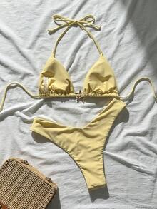 Swim Mod Women's Solid Color Spaghetti Strap Metal Decor Sexy Bikini Set, Summer - Yellow - View 2