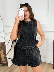 SHEIN LUNE Plus Size Women Casual Smart Casual Vest And Shorts 2 Pieces Set Vacation Dark Wash Summer Black Shorts - Black - View 9