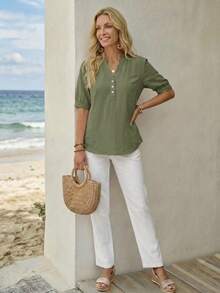 EMERY ROSE Camisa verde militar 100% algodón para mujer, versátil para el trabajo, el transporte, el uso casual y las vacaciones - Negro - Ver 3