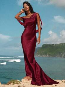 Opulessa Woven Solid Color Maxi Backless Dress For Women - Burgundy - View 4